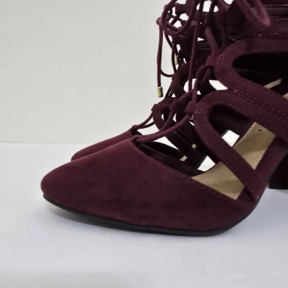 CHRISITIAN SIRIANO size 6.5 Suede Lace Up Strappy Block‎ Heel Shoes Burgundy